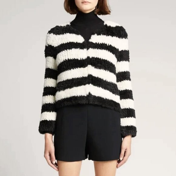Last Chance! New Alice + Olivia Fawn Striped Faux Fur Jacket Black White M $395 - Picture 2 of 8